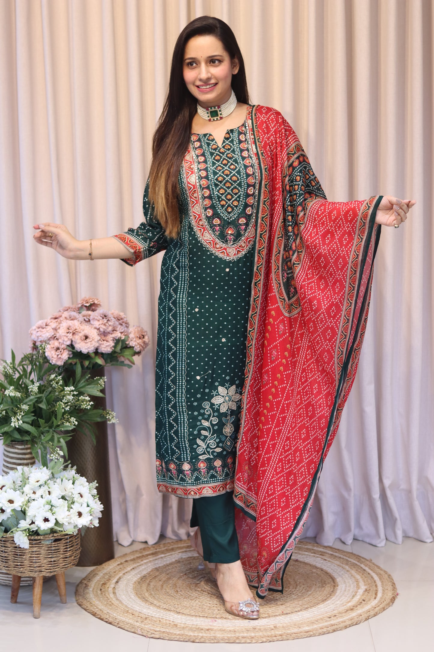 Hand Work Bandhani Kurti Set