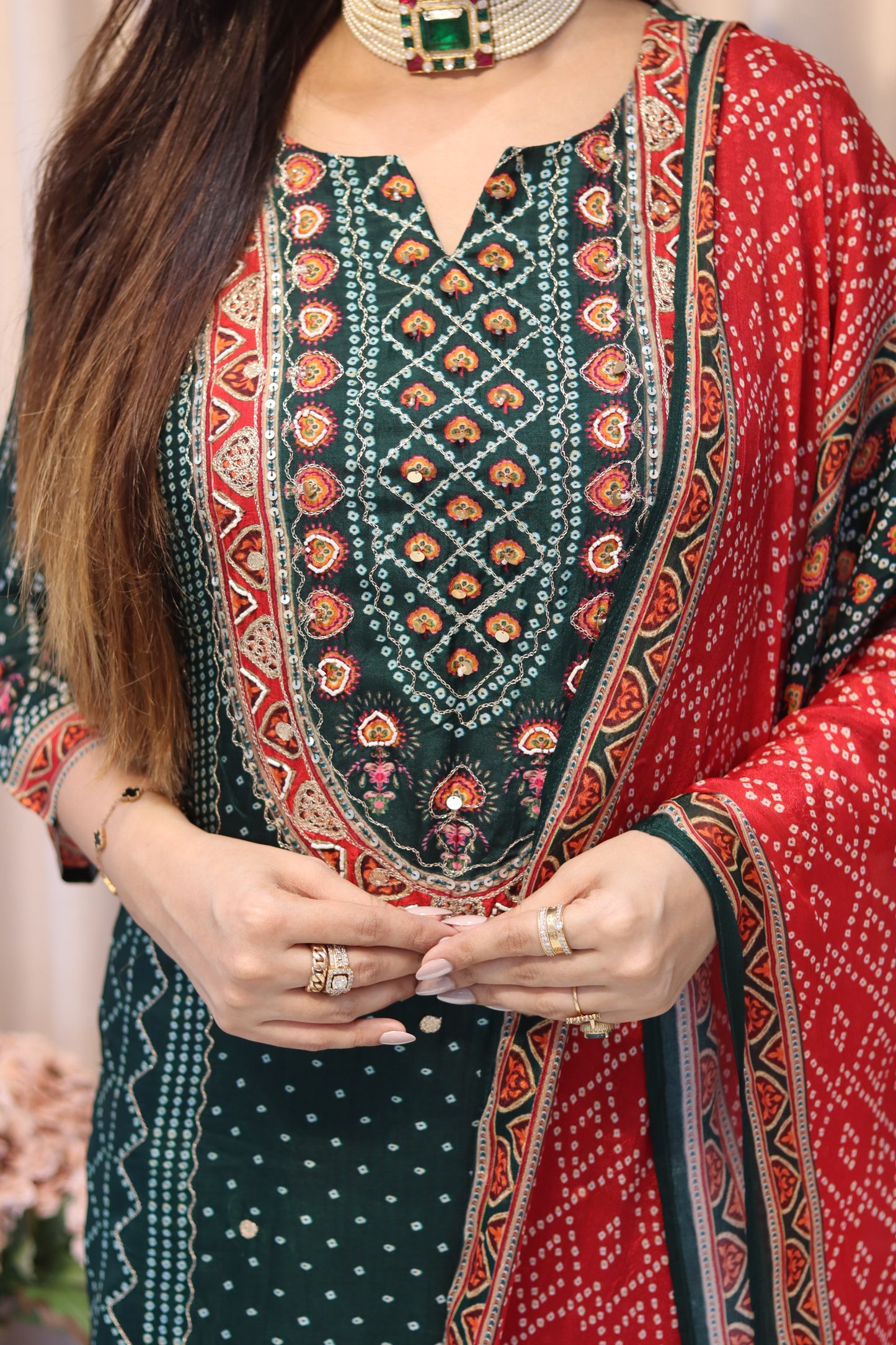 Hand Work Bandhani Kurti Set