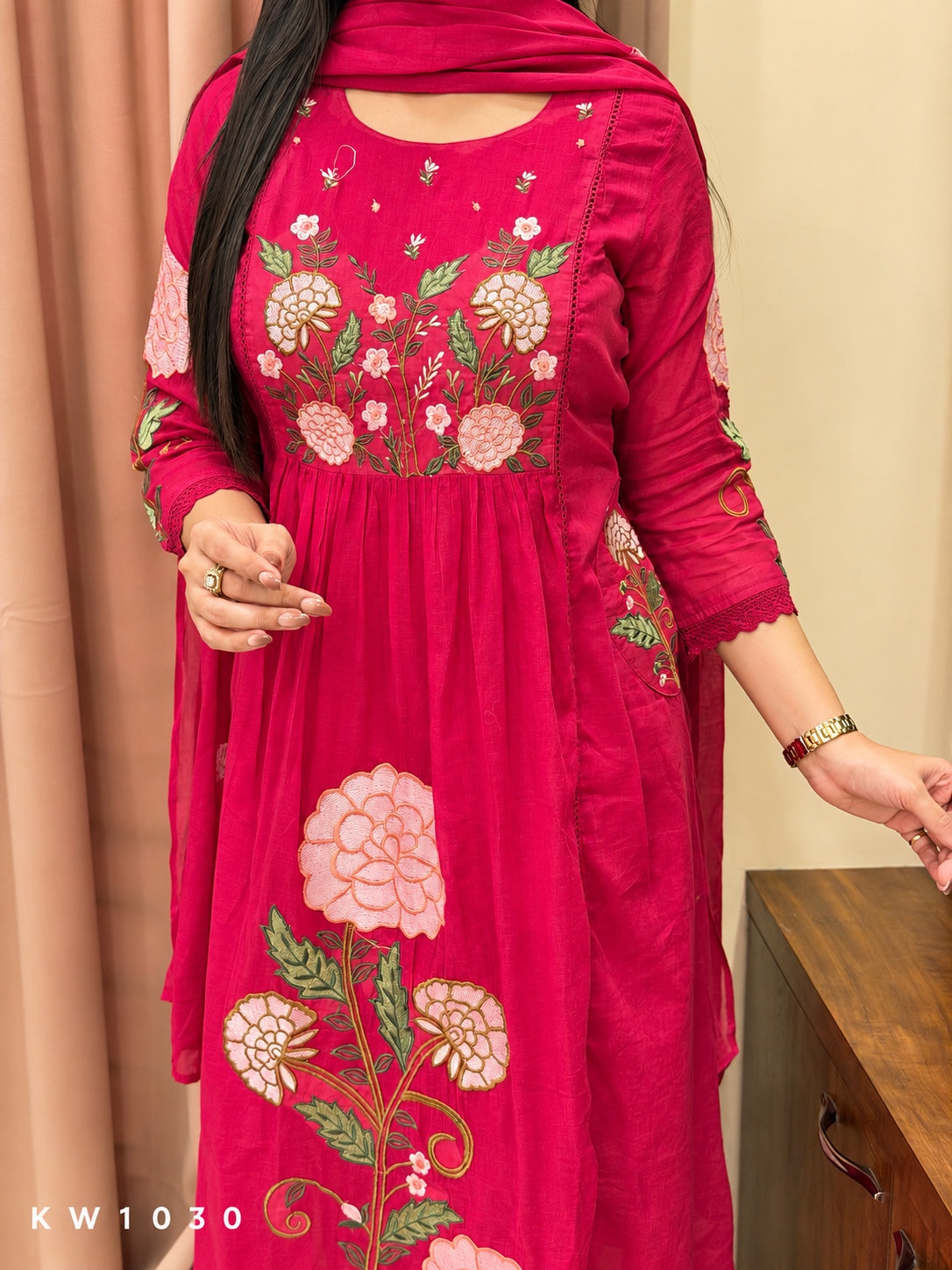 KW1030 Rani Pink Mul Cotton heavy floral embroidery detail