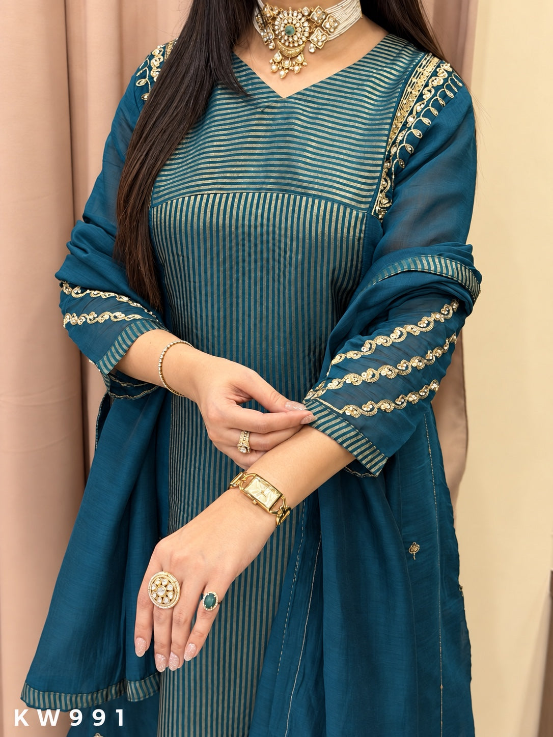 KW991 Teal Blue Mul Chanderi Kurti Set detail view