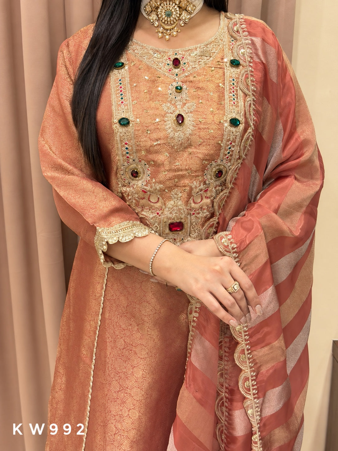 KW992 Peach stone Zardozi handwork detail
