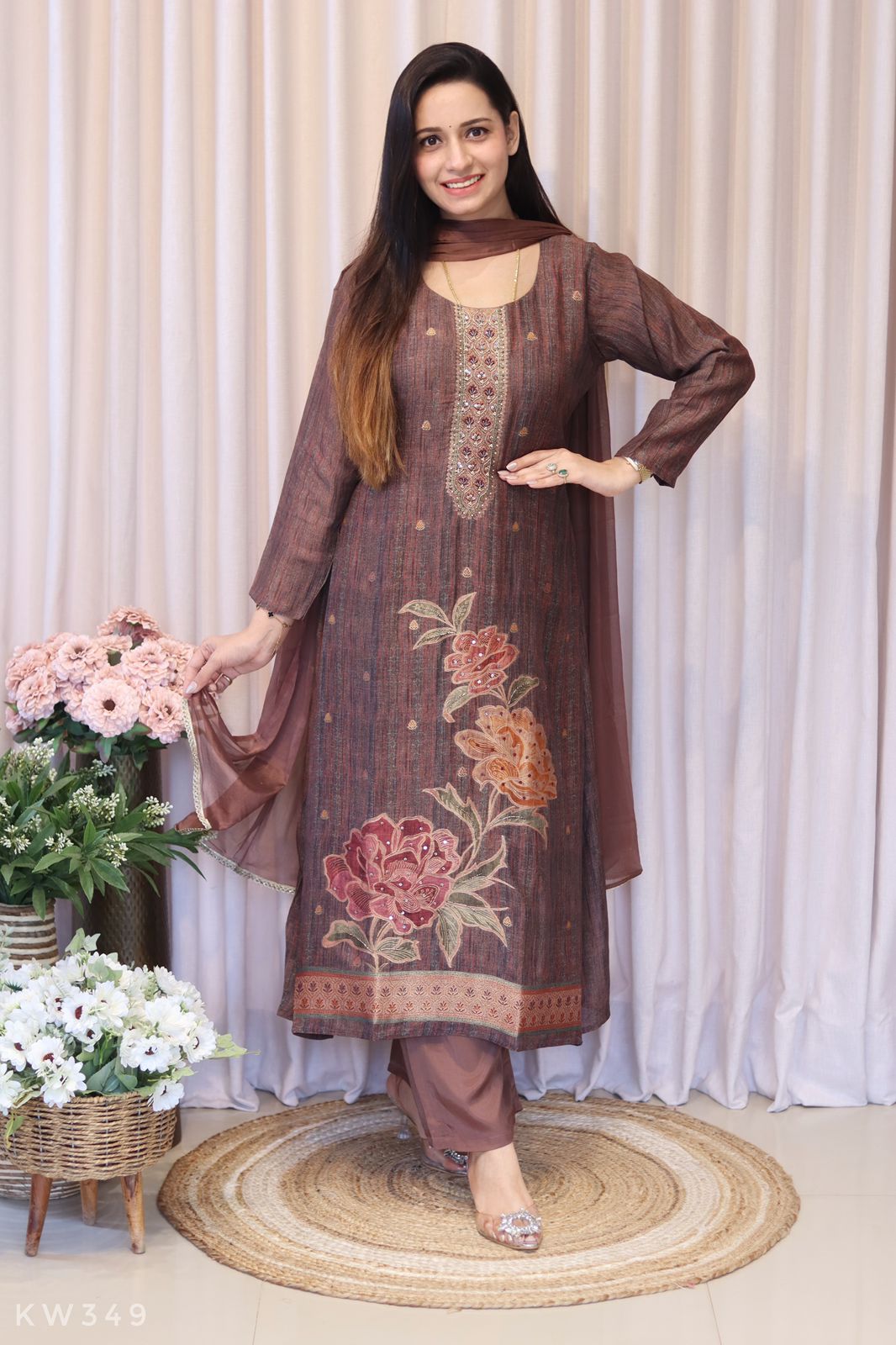 Pure Linen Silk Allover Self Weaving Kurti Set