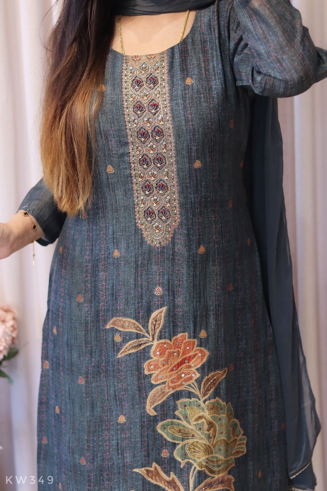 Pure Linen Silk Allover Self Weaving Kurti Set