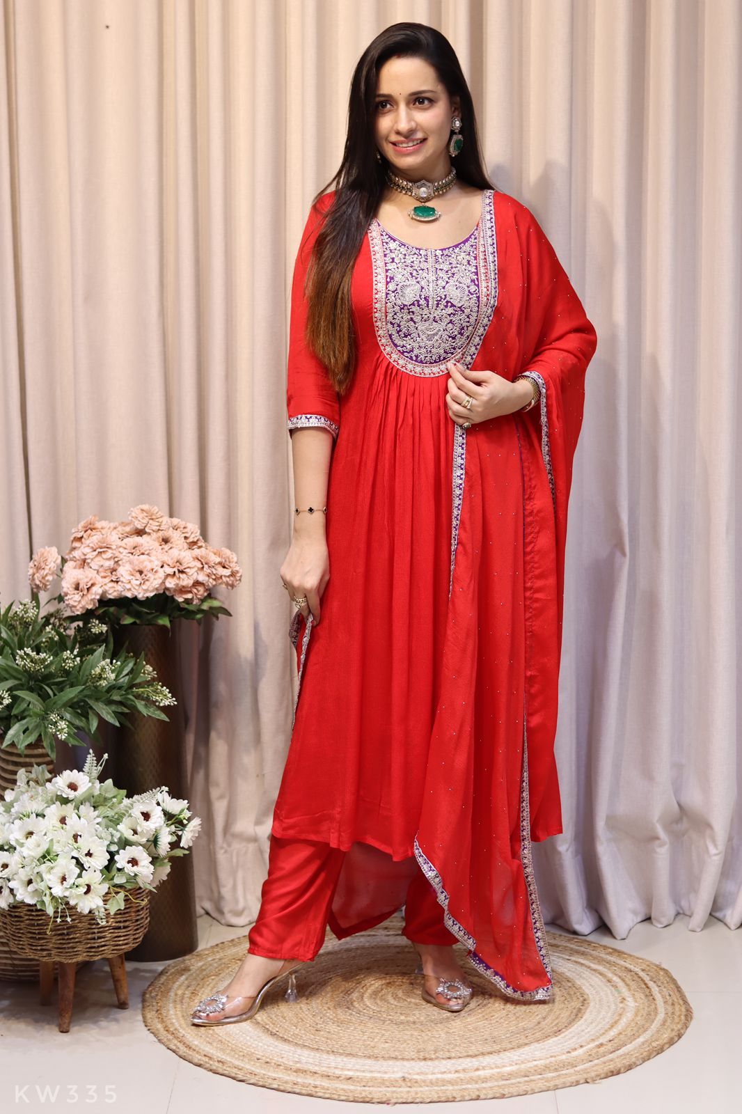 Pure Chinnon Silk Heavy Zari Peeta Work ALine Kurti Set
