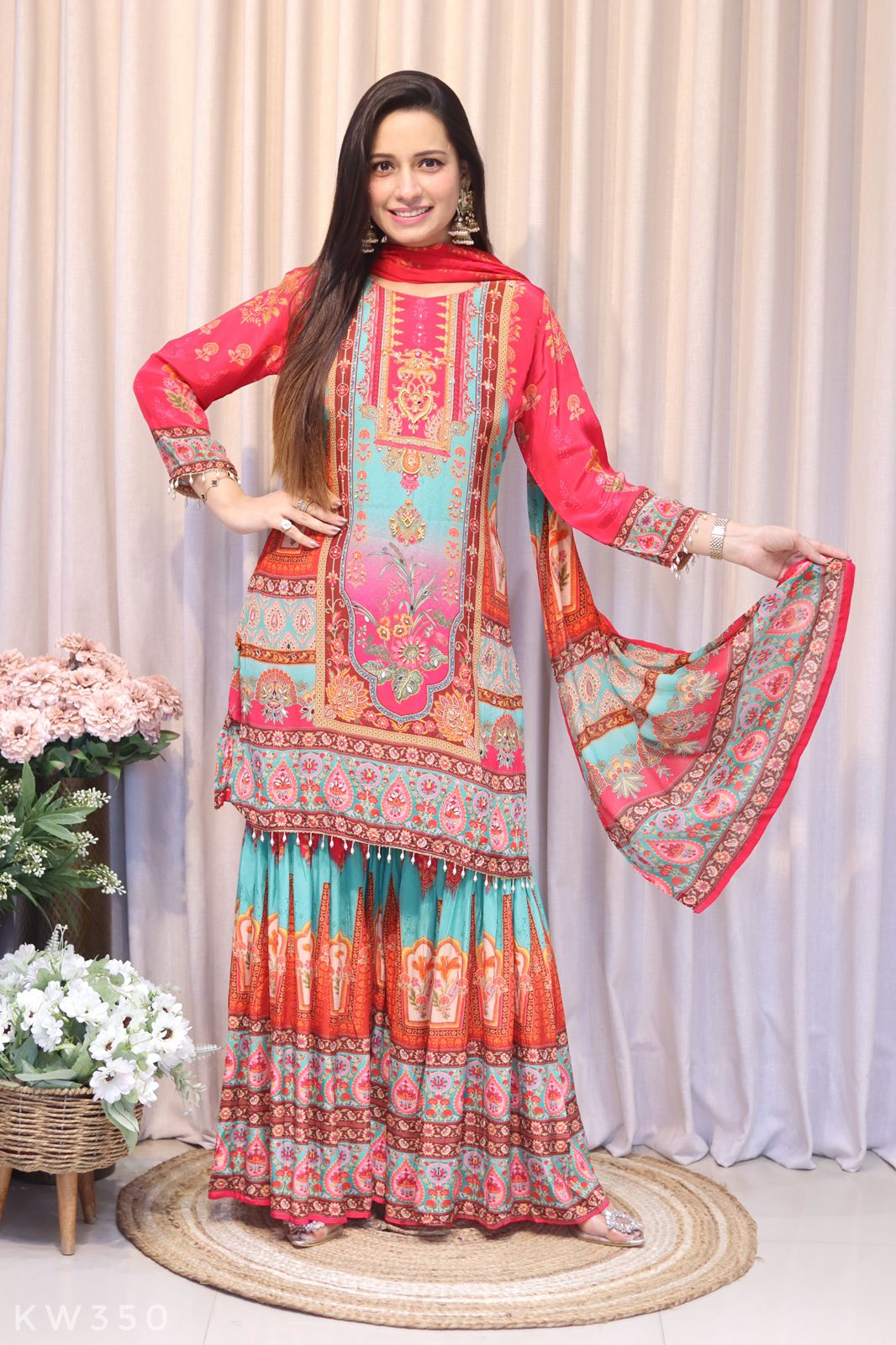 Pure Crape Silk Printed Kurti With Sharara And Dupatta