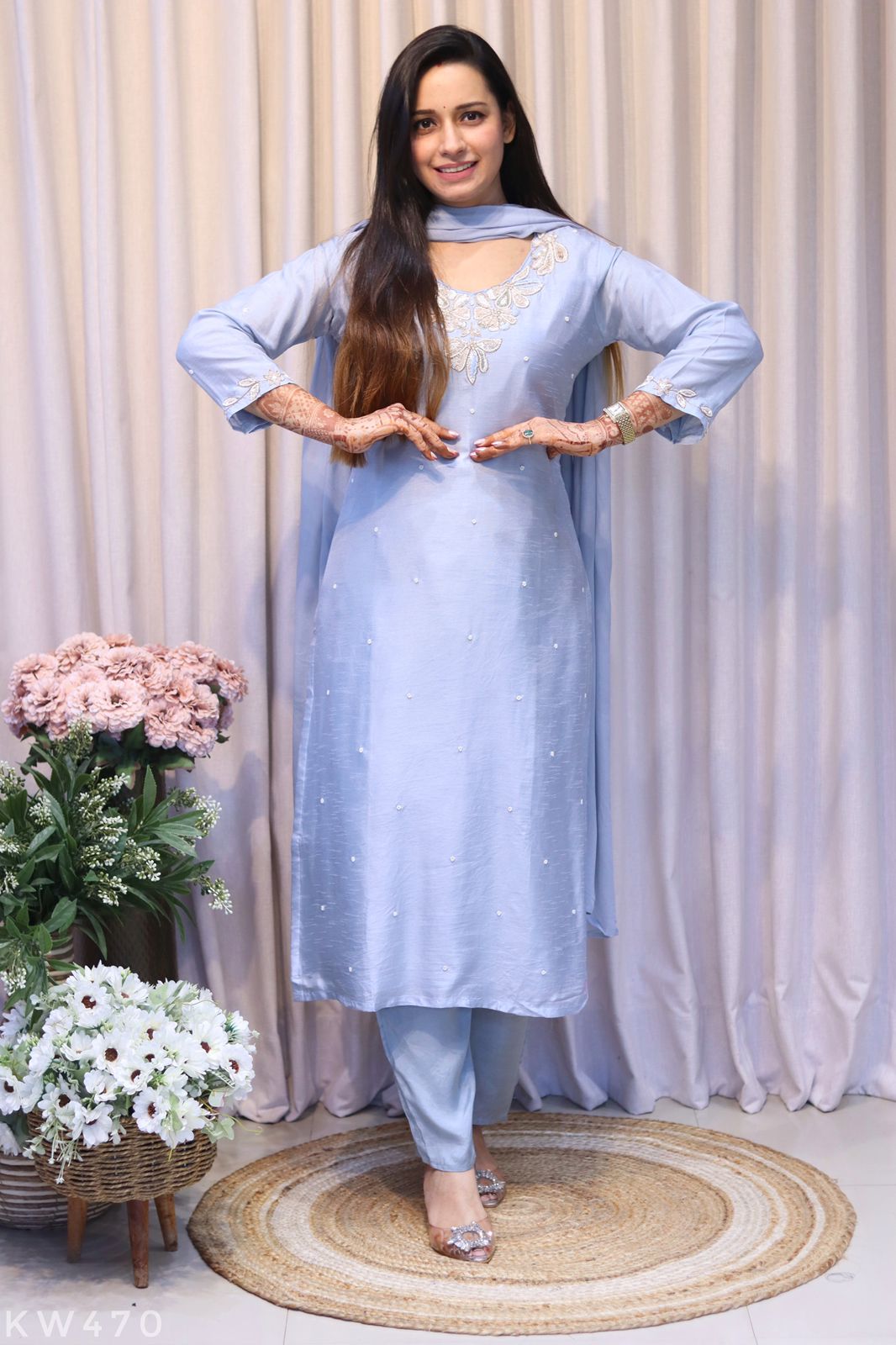 Pure Dola Silk Heavy Hand Work Kurti Pant Dupatta