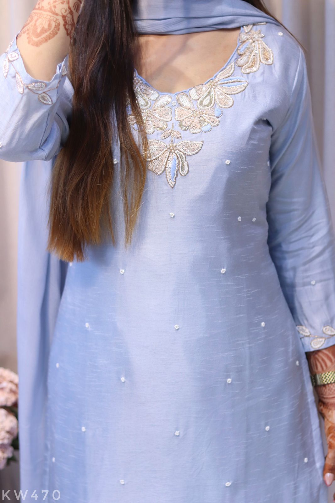 Pure Dola Silk Heavy Hand Work Kurti Pant Dupatta