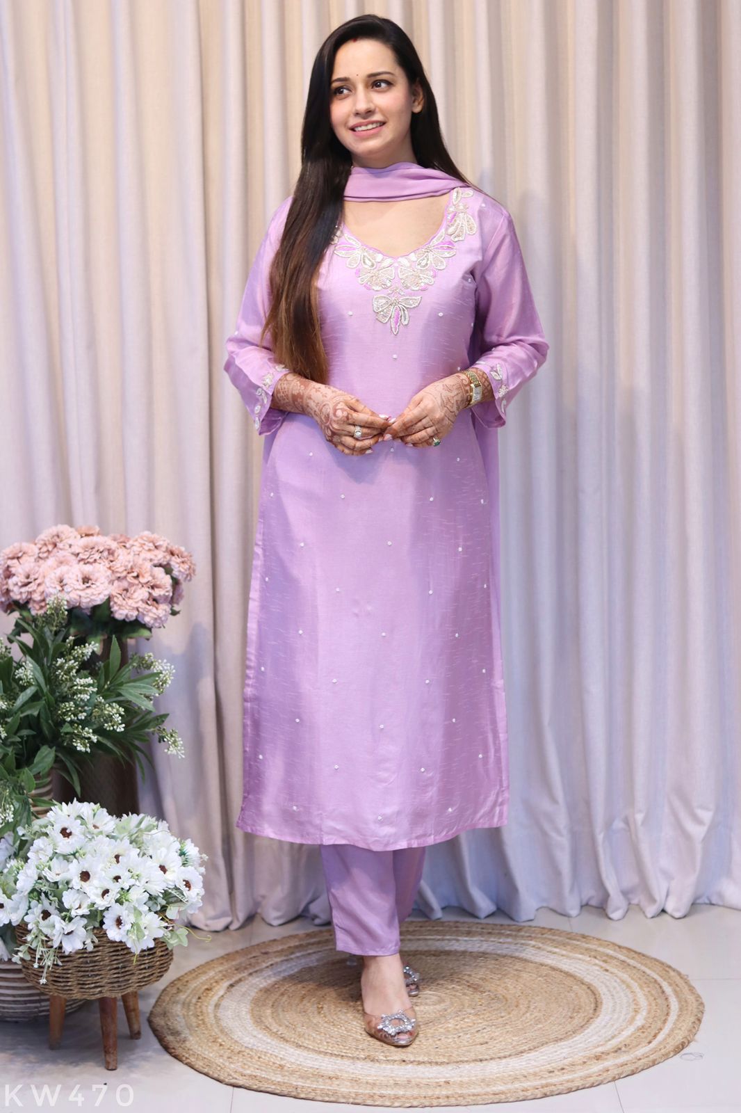 Pure Dola Silk Heavy Hand Work Kurti Pant Dupatta