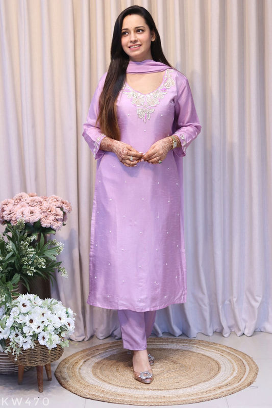 Pure Dola Silk Heavy Hand Work Kurti Pant Dupatta