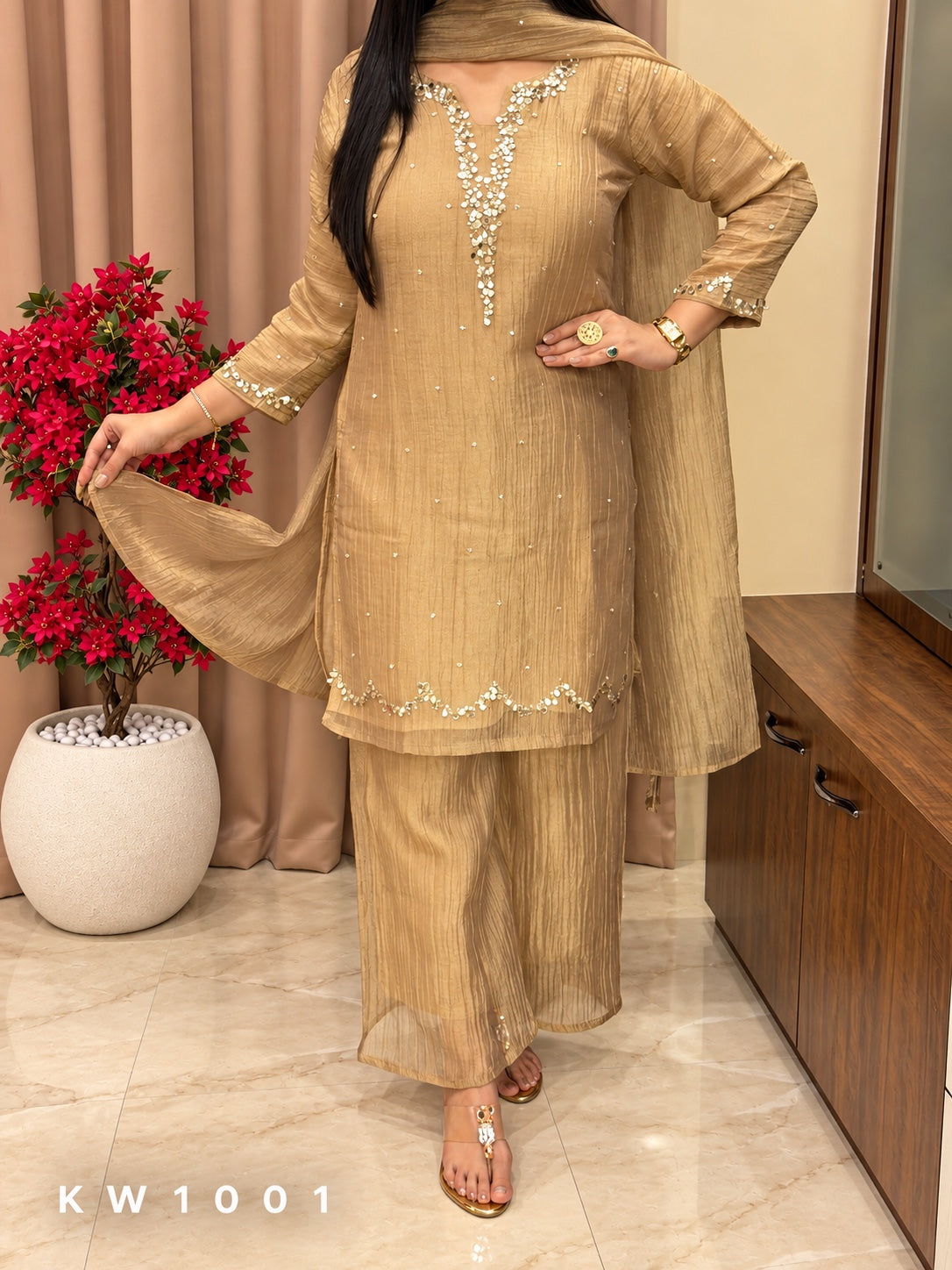 KW1001 Champagne Gold Pure Salsa handwork kurti pant dupatta set