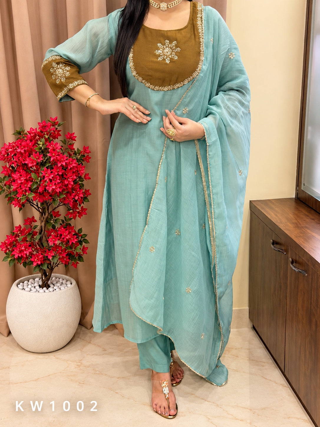 KW1002 Aqua Blue Pure Mul Chanderi A-line kurti pant dupatta set