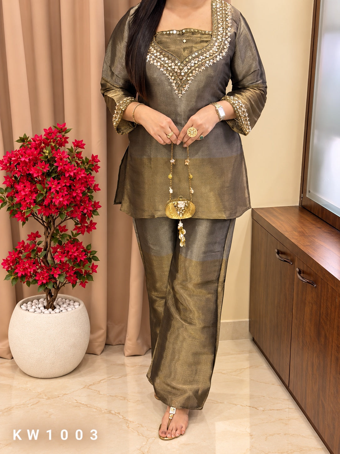 KW1003 Antique Olive Pure Kanjivaram Tissue handwork co-ord set