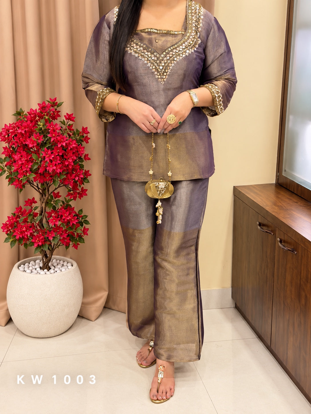KW1003 Smoky Purple Pure Kanjivaram Tissue handwork co-ord set