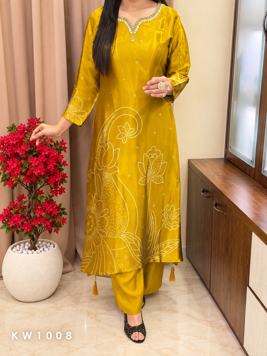 KW1008 Mustard Pure Gajji premium printed kurti pant set