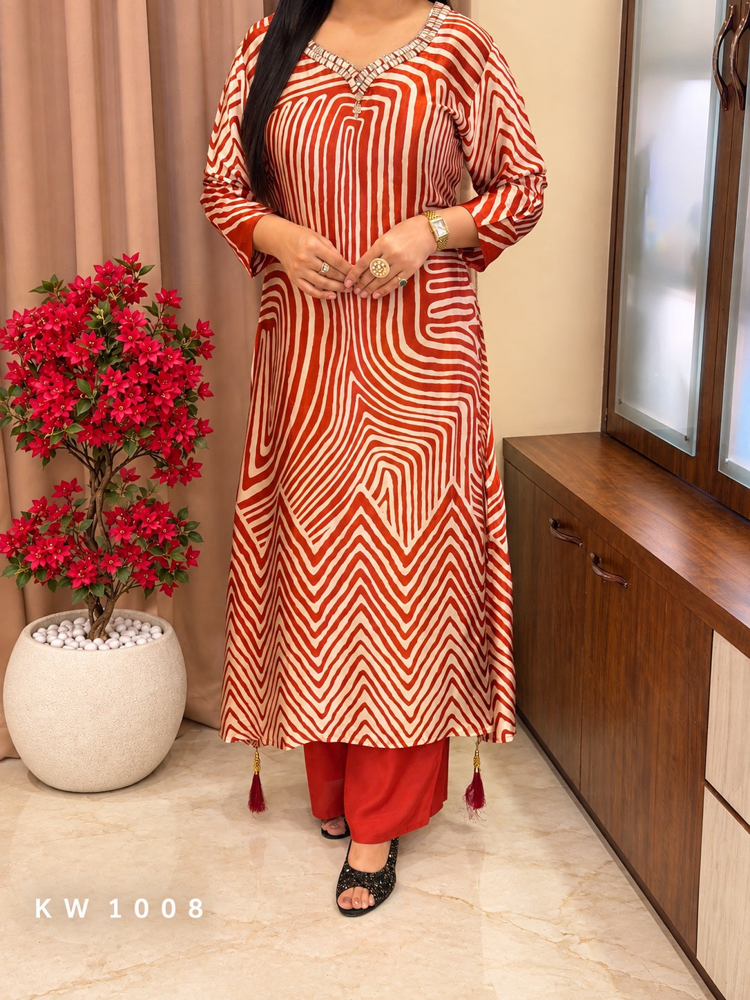 KW1008 Rust Pure Gajji premium printed kurti pant set