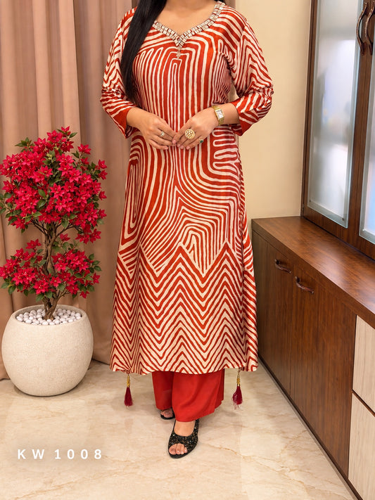 KW1008 Rust Pure Gajji premium printed kurti pant set