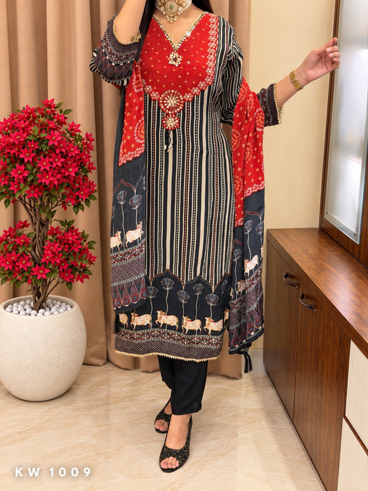 KW1009 Black and Red Pure Crepe Silk printed handwork kurti pant dupatta set
