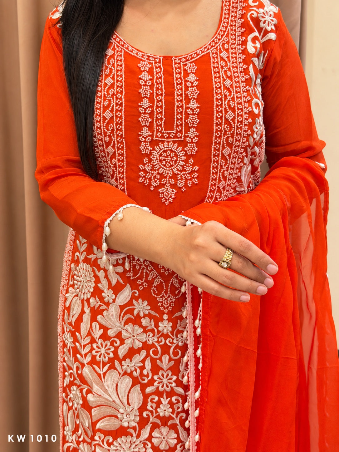 KW1010 orange kurti neckline and embroidery detail