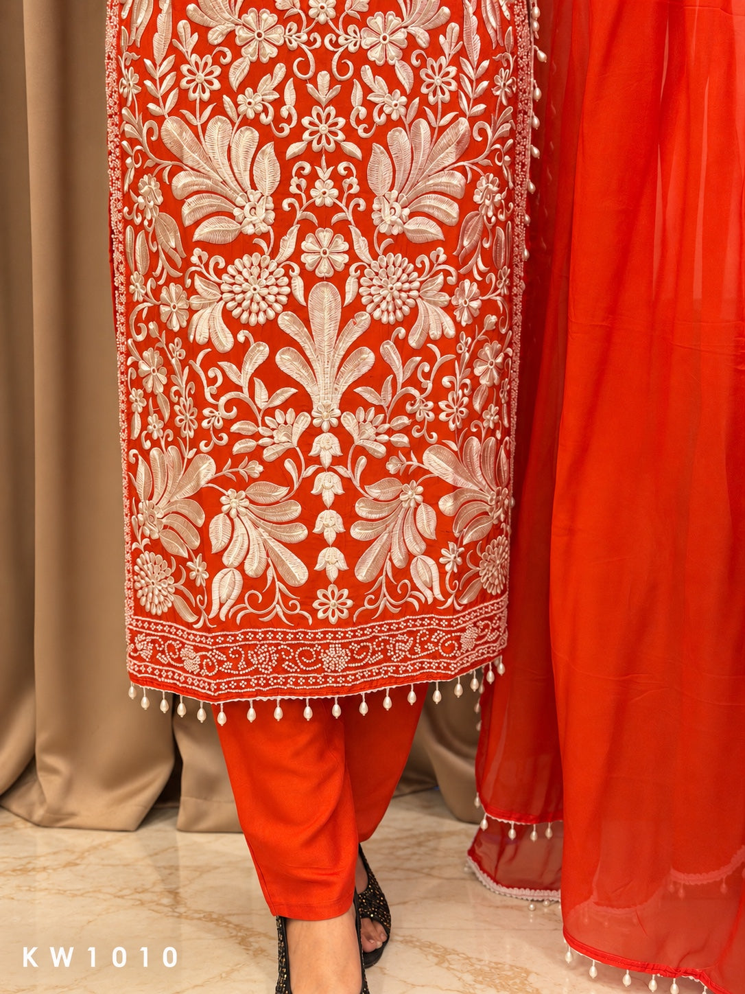 KW1010 orange kurti lower embroidery and pant detail
