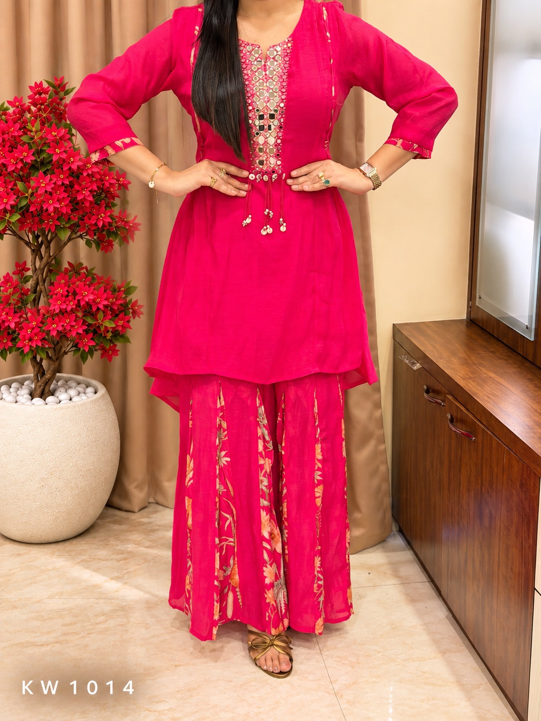 KW1014 pink Mul Chanderi handwork frill pant co-ord set