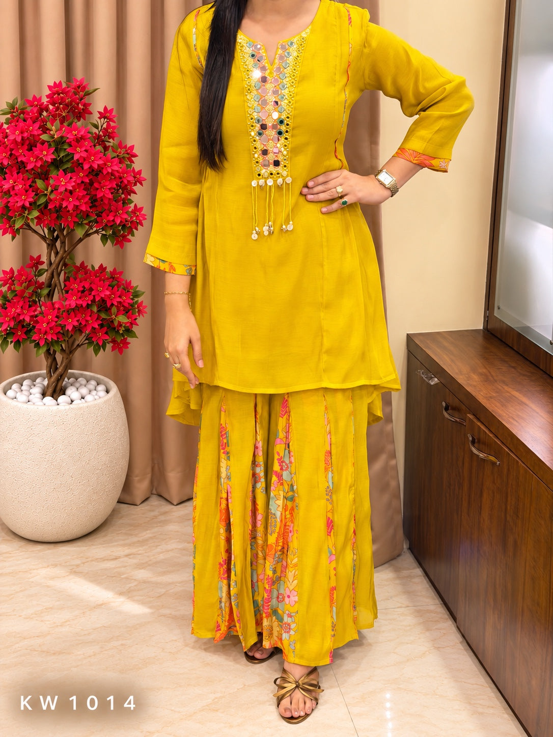 KW1014 yellow Mul Chanderi handwork frill pant co-ord set