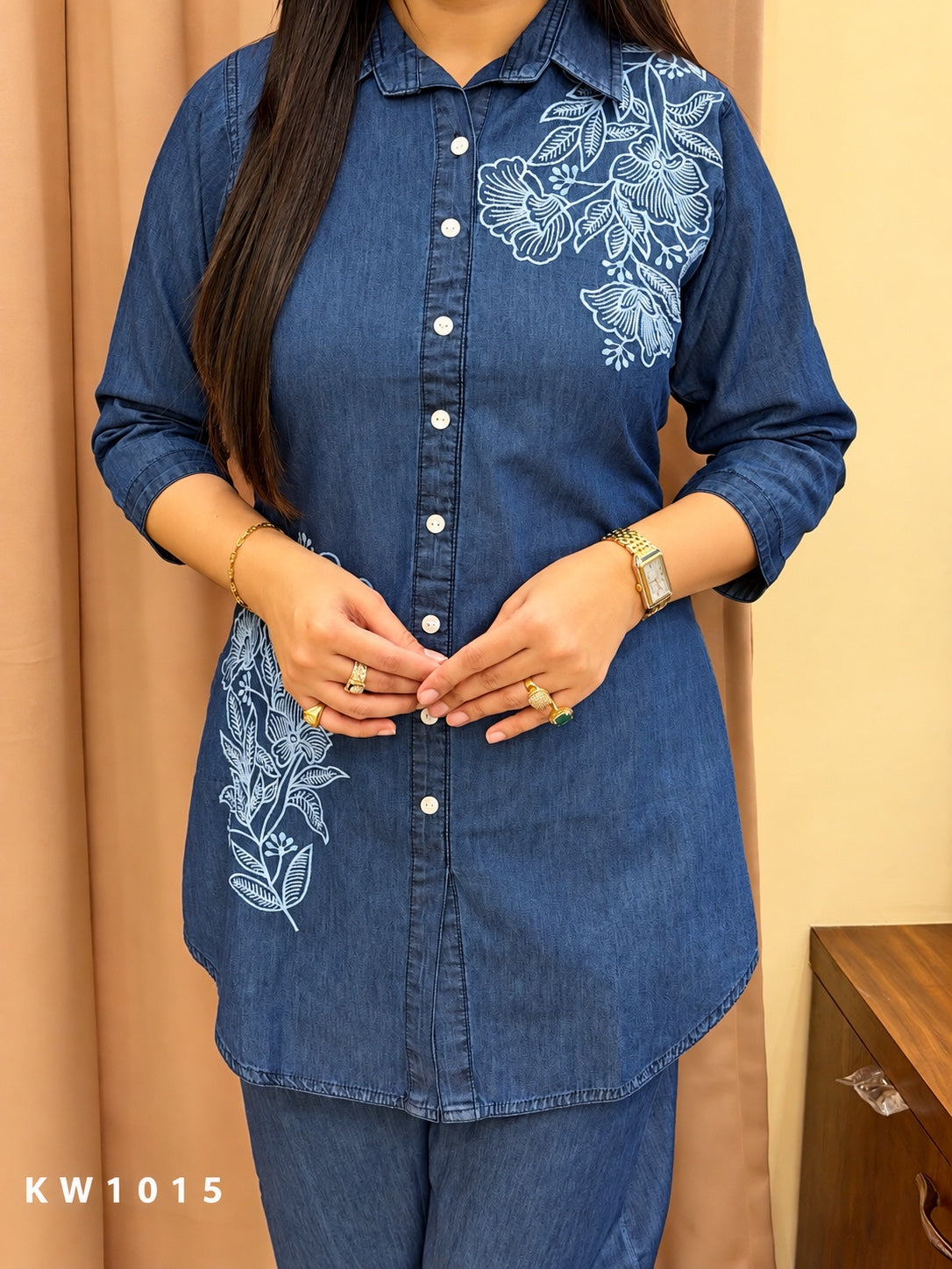 KW1015 blue denim co-ord set floral detail