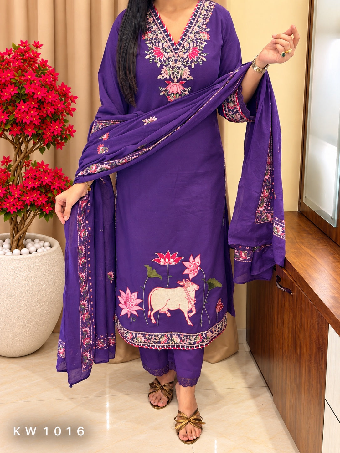 KW1016 purple cotton Pichwai kurti pant dupatta full view