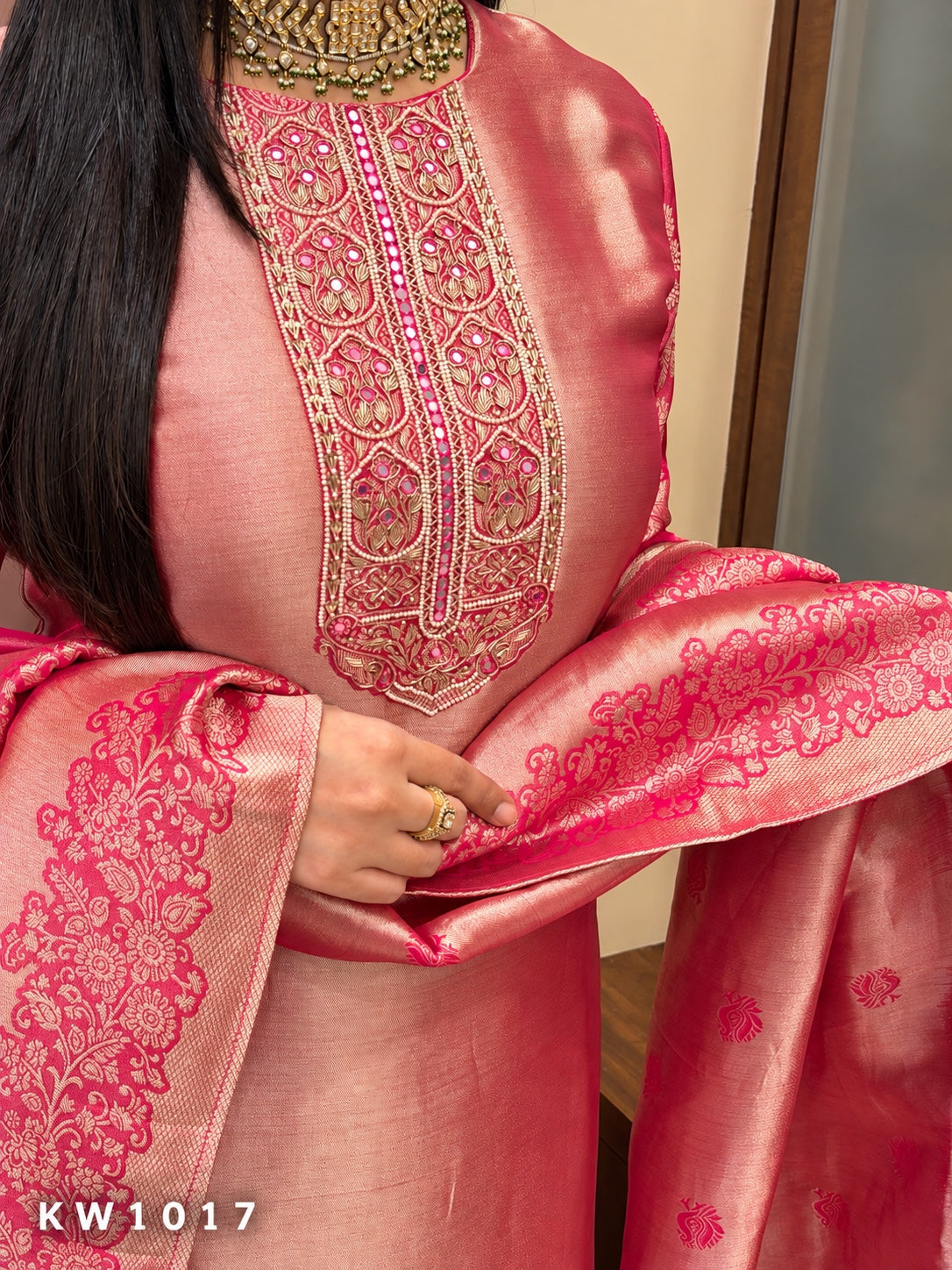 KW1017 pink Banarasi tissue heavy neckline work detail