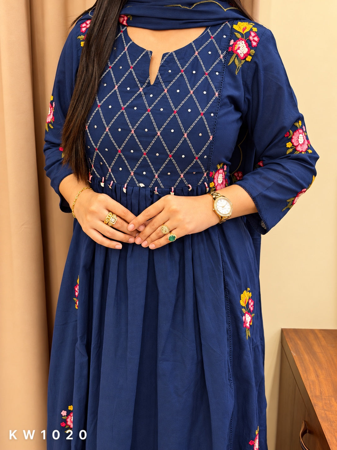 KW1020 navy blue Mul Cotton heavy embroidery neckline detail