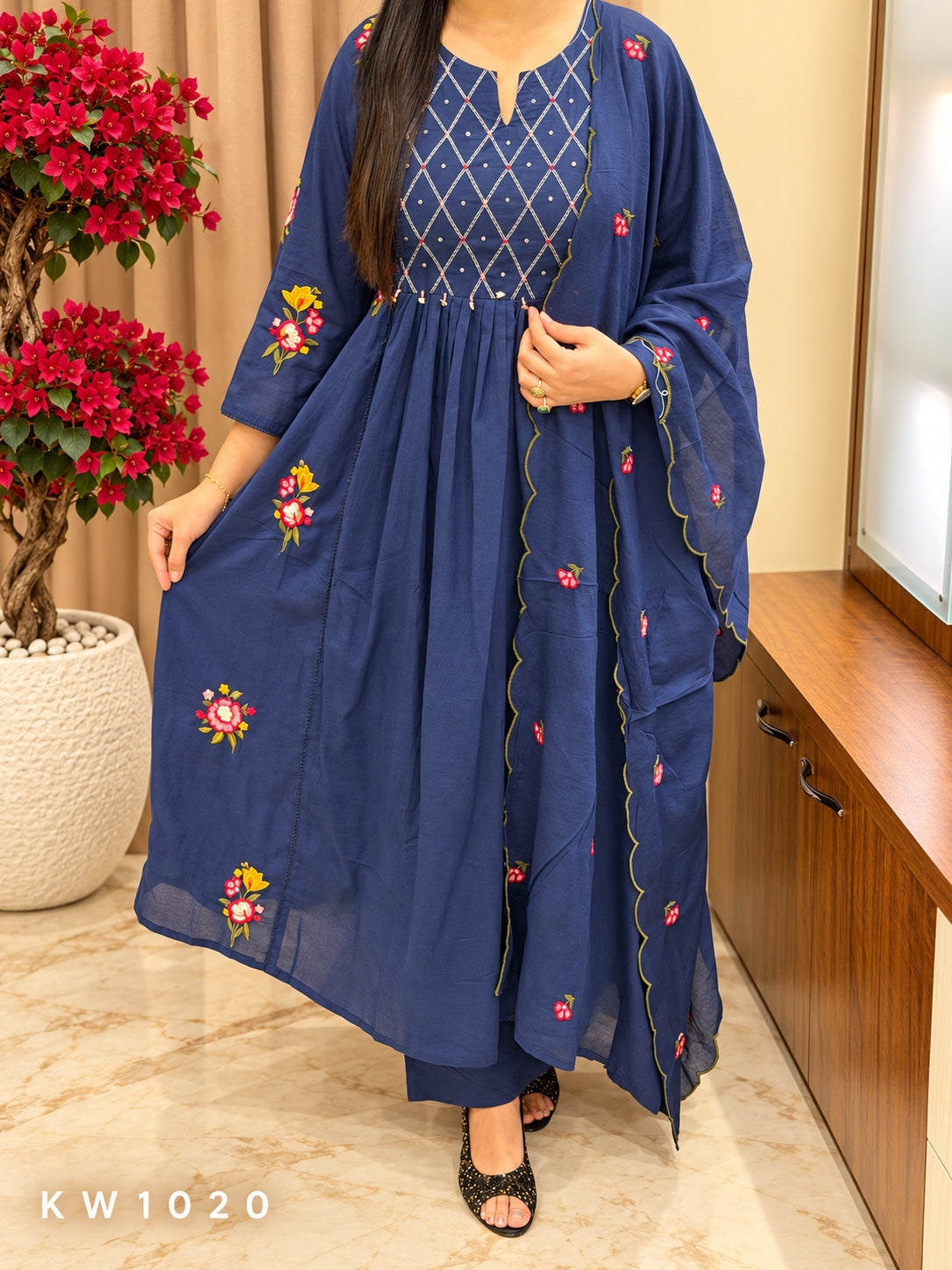 KW1020 navy blue Mul Cotton embroidered kurti pant dupatta full view
