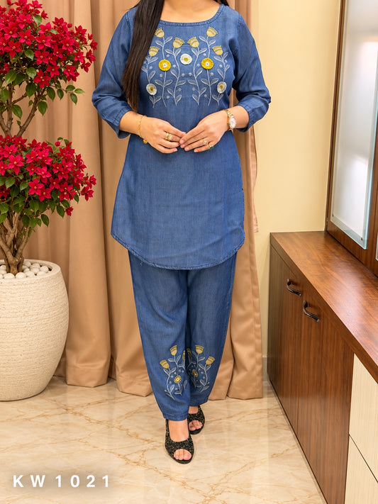 KW1021 denim blue embroidered coordset full view