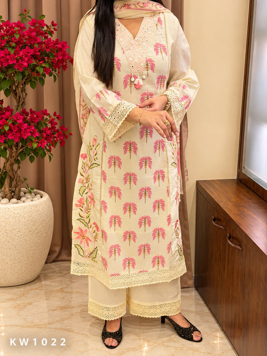KW1022 pink pure cotton printed kurti pant dupatta full view