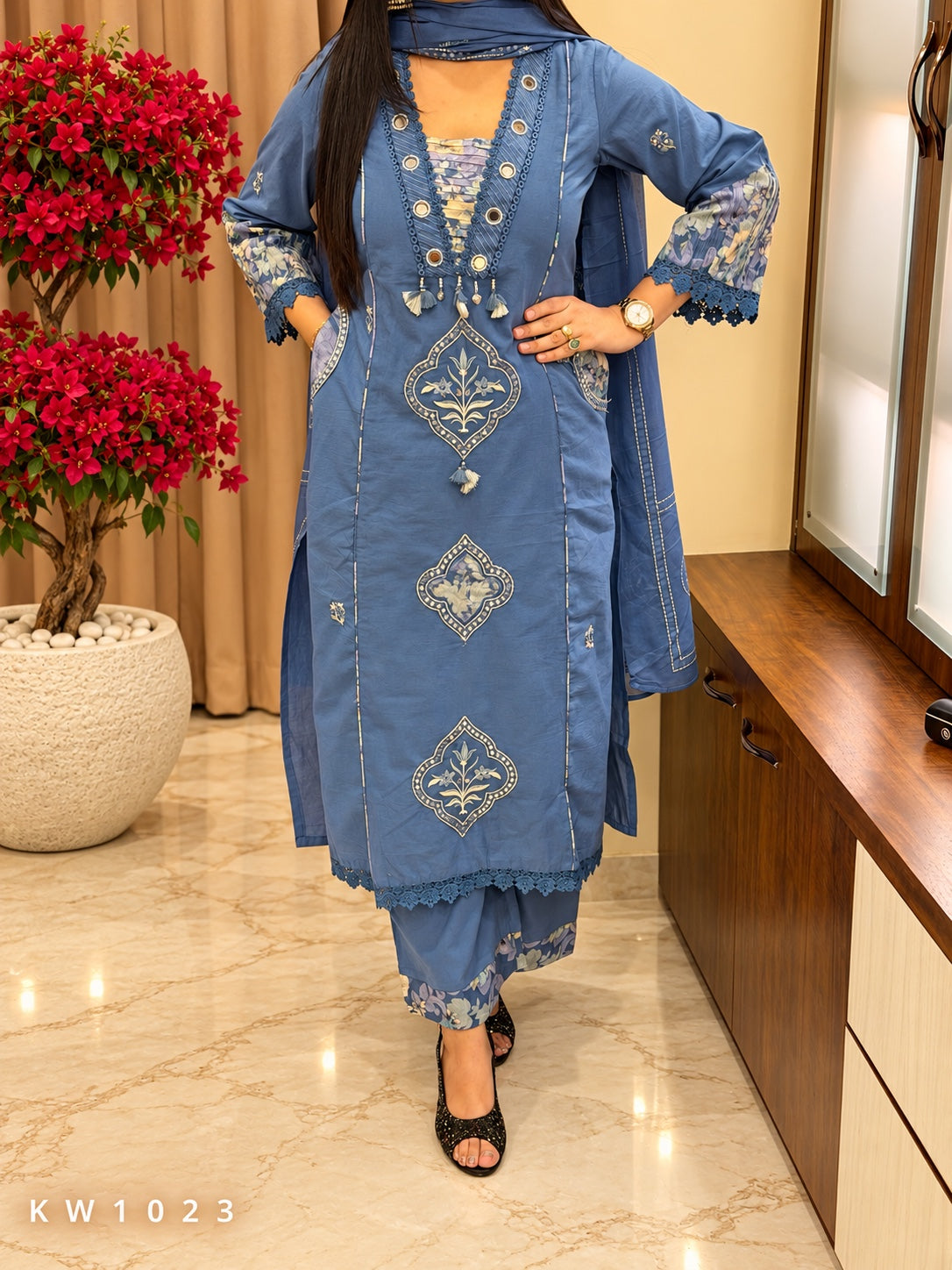 KW1023 blue cotton embroidered kurti pant dupatta full view
