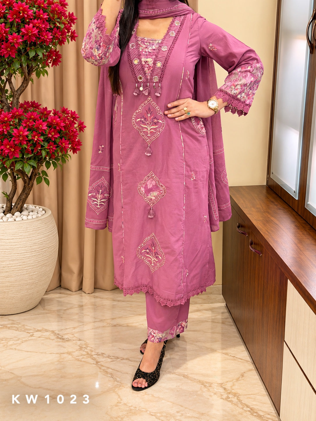 KW1023 mauve cotton embroidered kurti pant dupatta full view