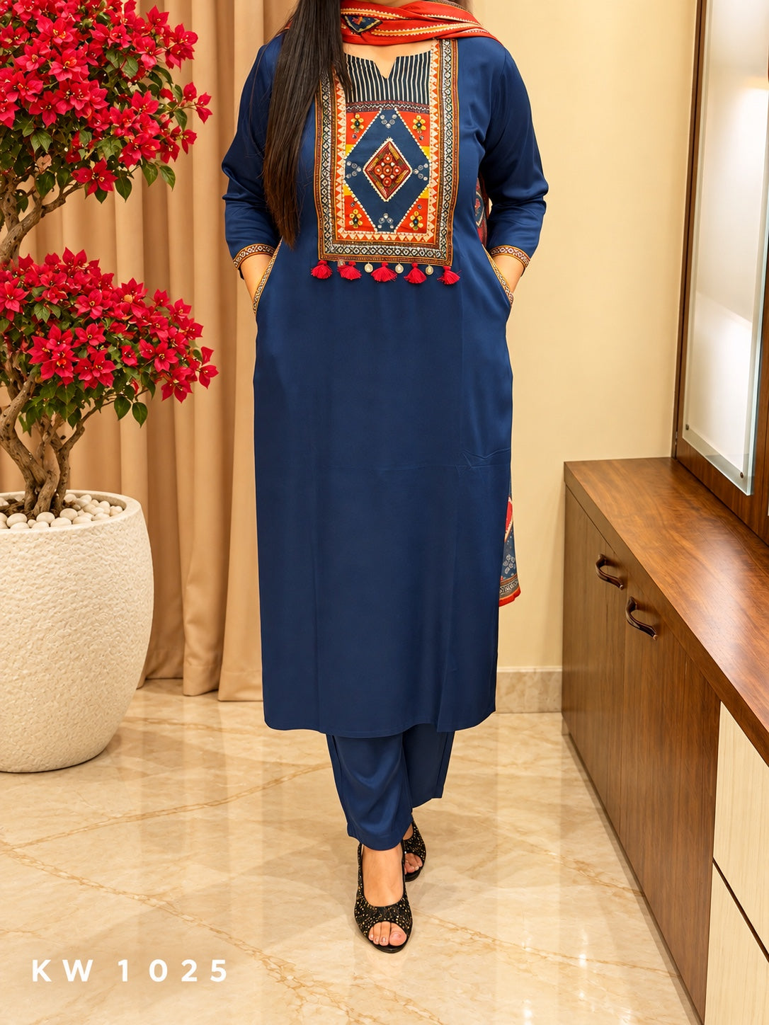 KW1025 navy blue muslin Jodhpuri printed kurti pant dupatta full view