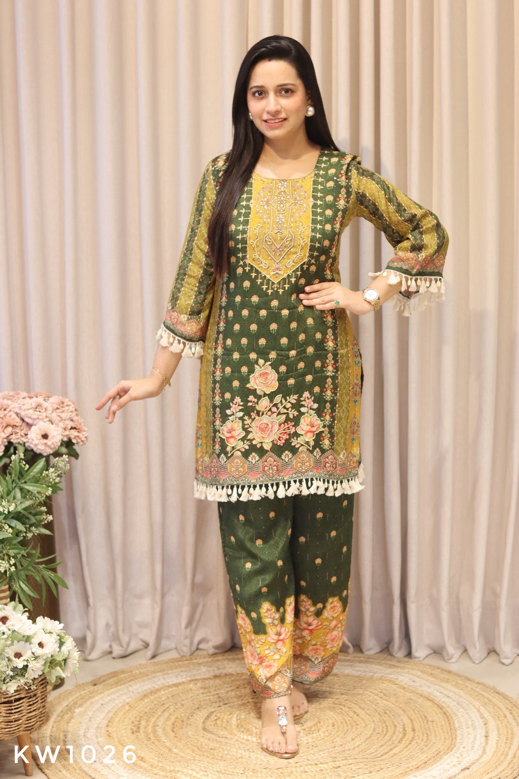 KW1026 olive green crape printed coordset full view