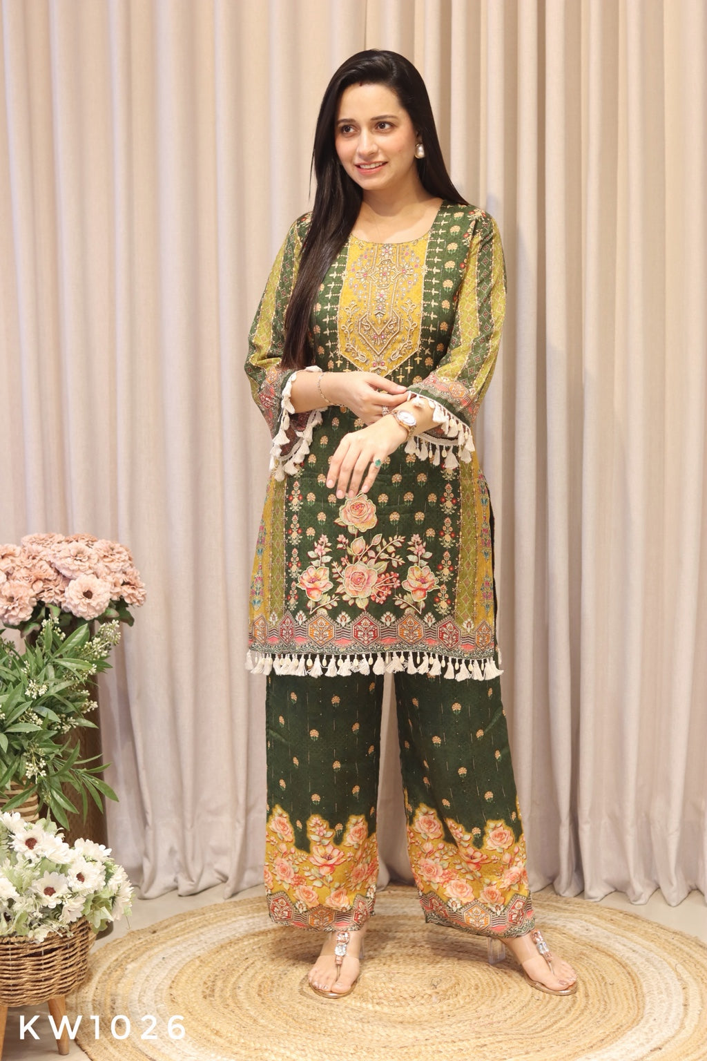 KW1026 olive green crape printed coordset second full view