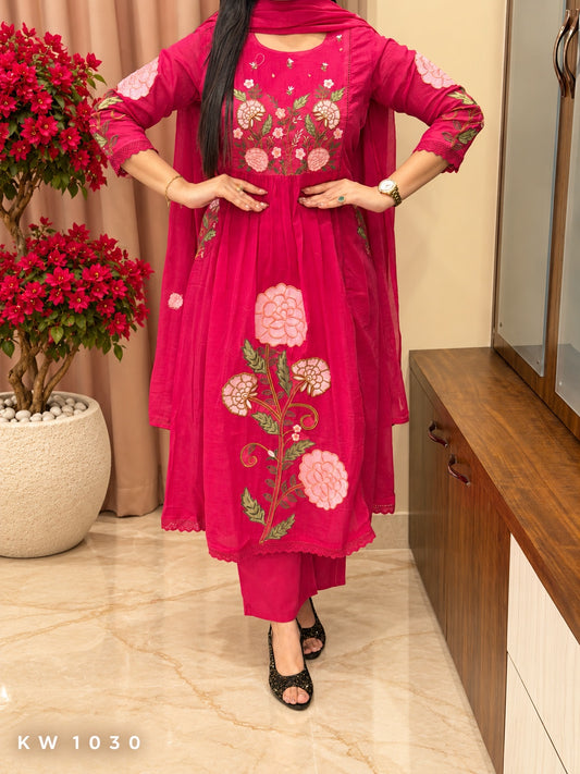 KW1030 Rani Pink Mul Cotton embroidered kurti pant dupatta full view