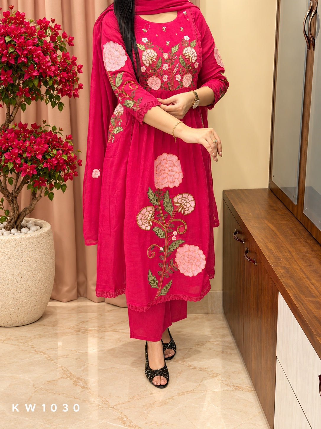 KW1030 Rani Pink Mul Cotton embroidered kurti set second full view
