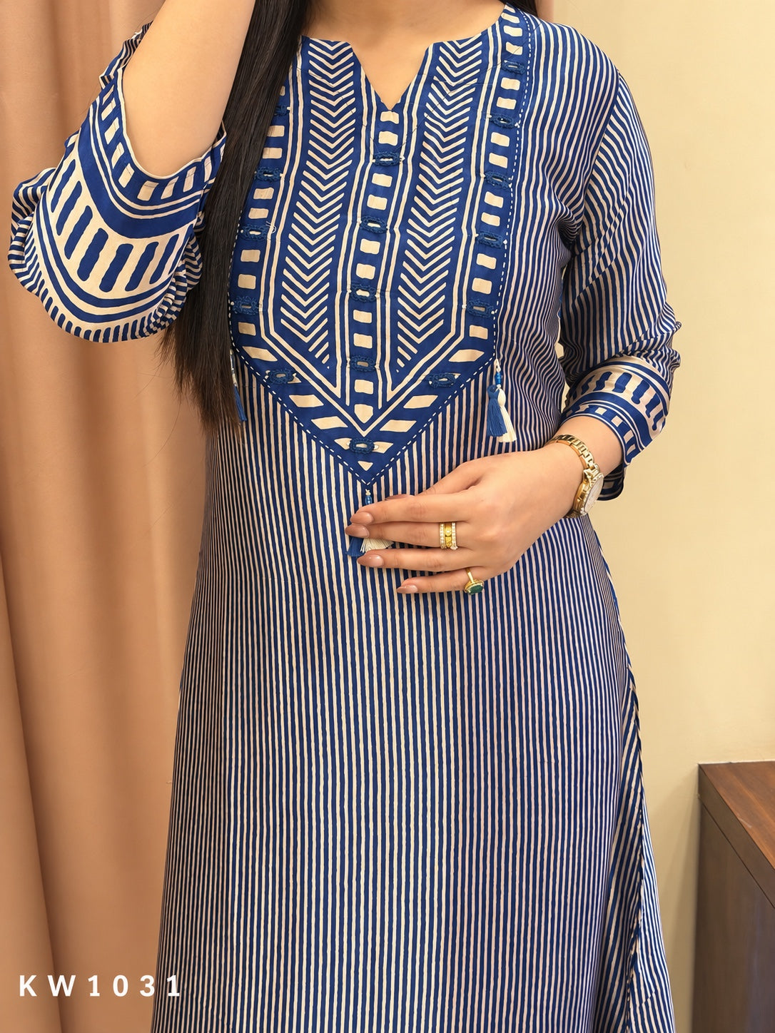 KW1031 blue Pure Gajji kurti neckline detail
