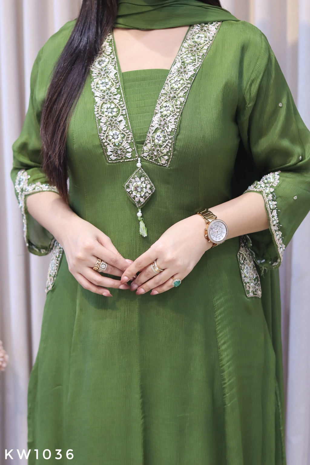 KW1036 green Pure Chinnon heavy handwork detail