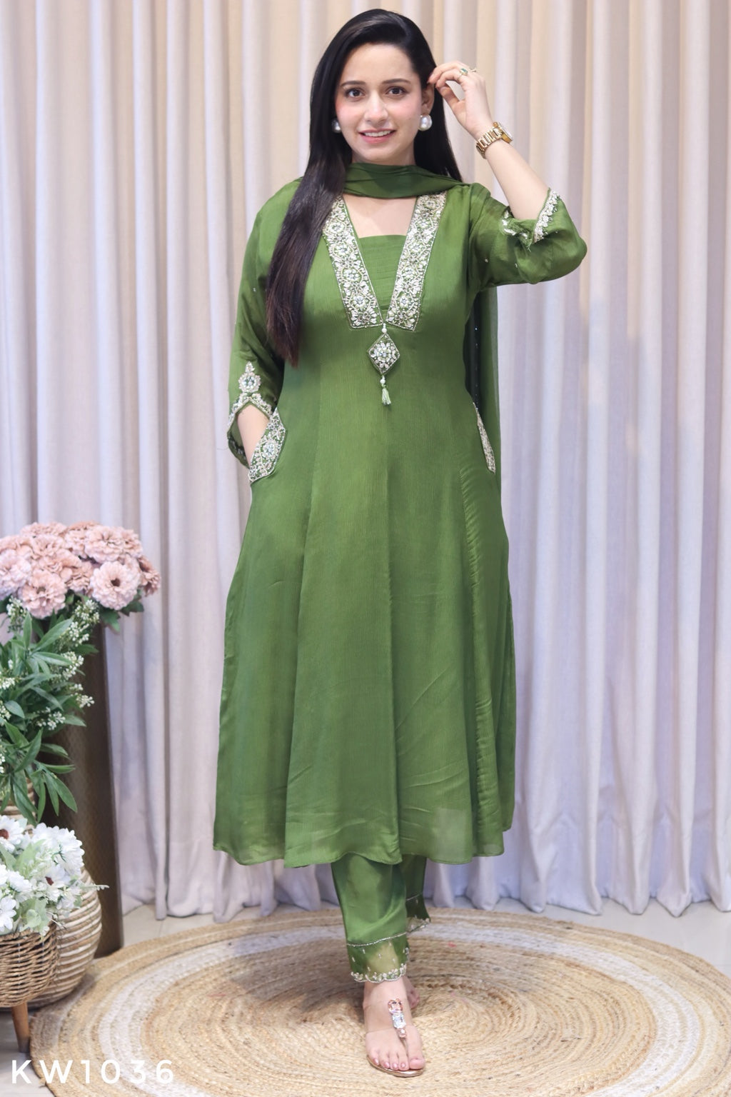 KW1036 green Pure Chinnon A-line kurti pant dupatta full view