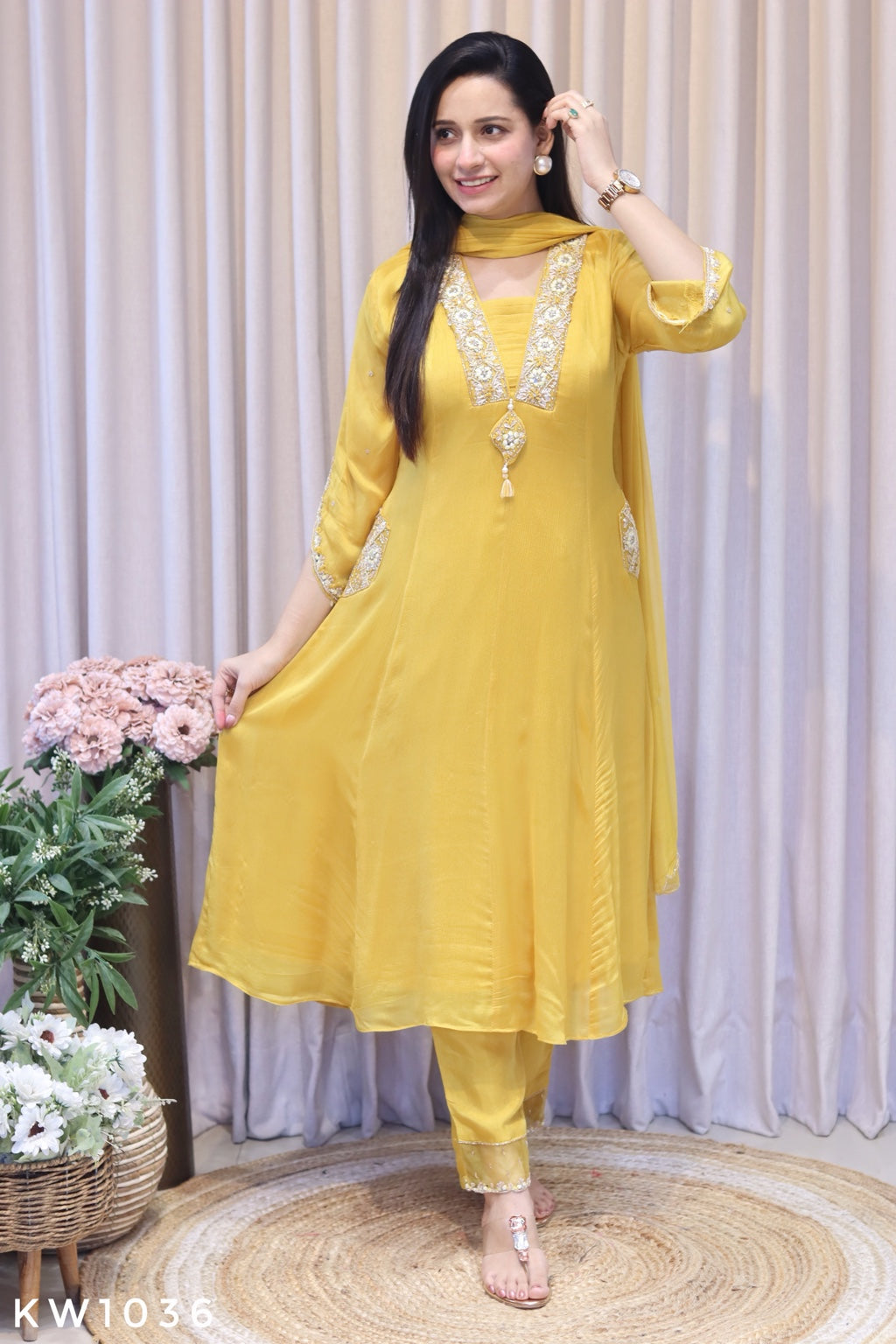 KW1036 mustard Pure Chinnon A-line kurti pant dupatta full view