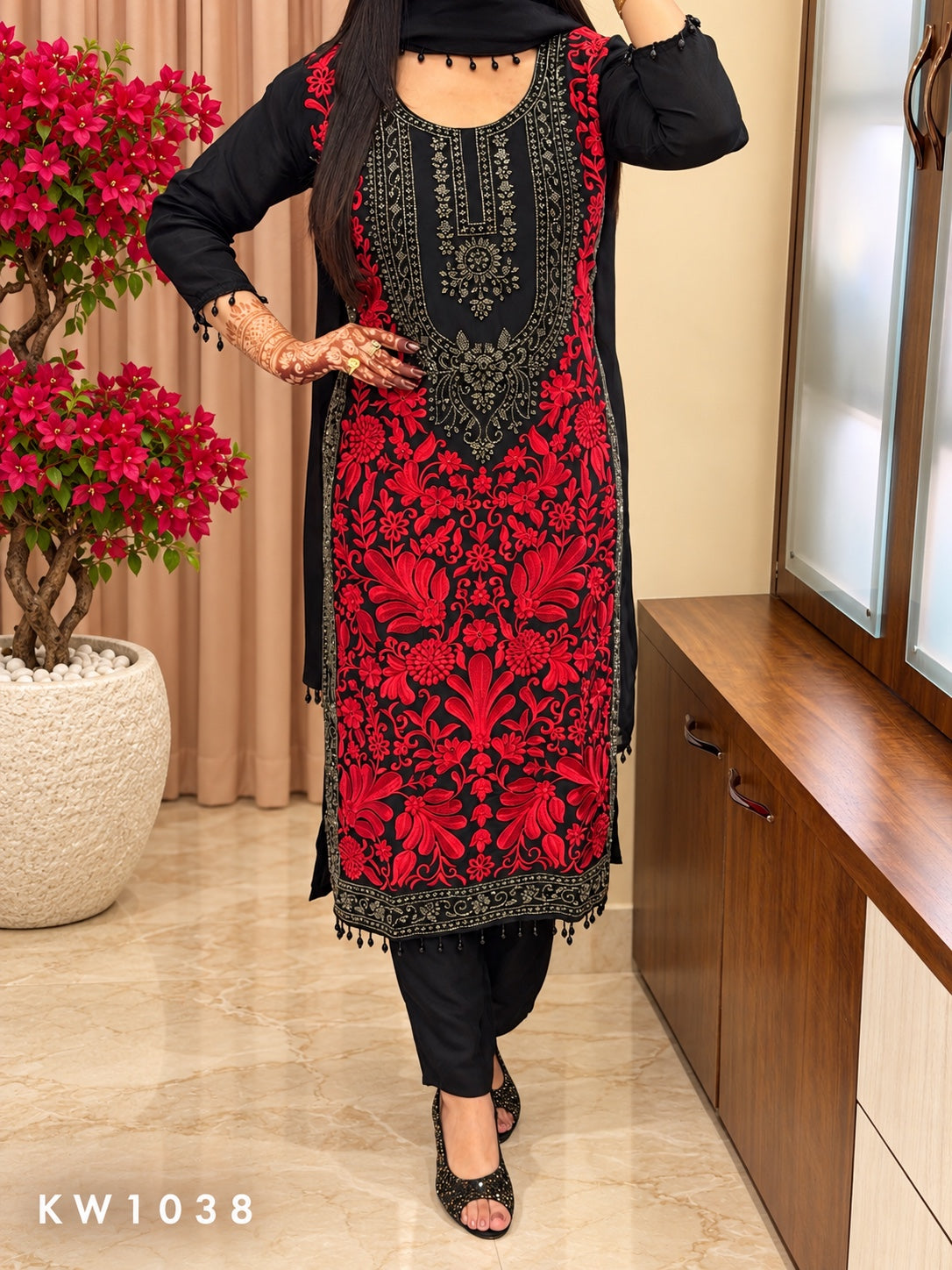 KW1038 black and red Pure Organza embroidered kurti pant dupatta full view