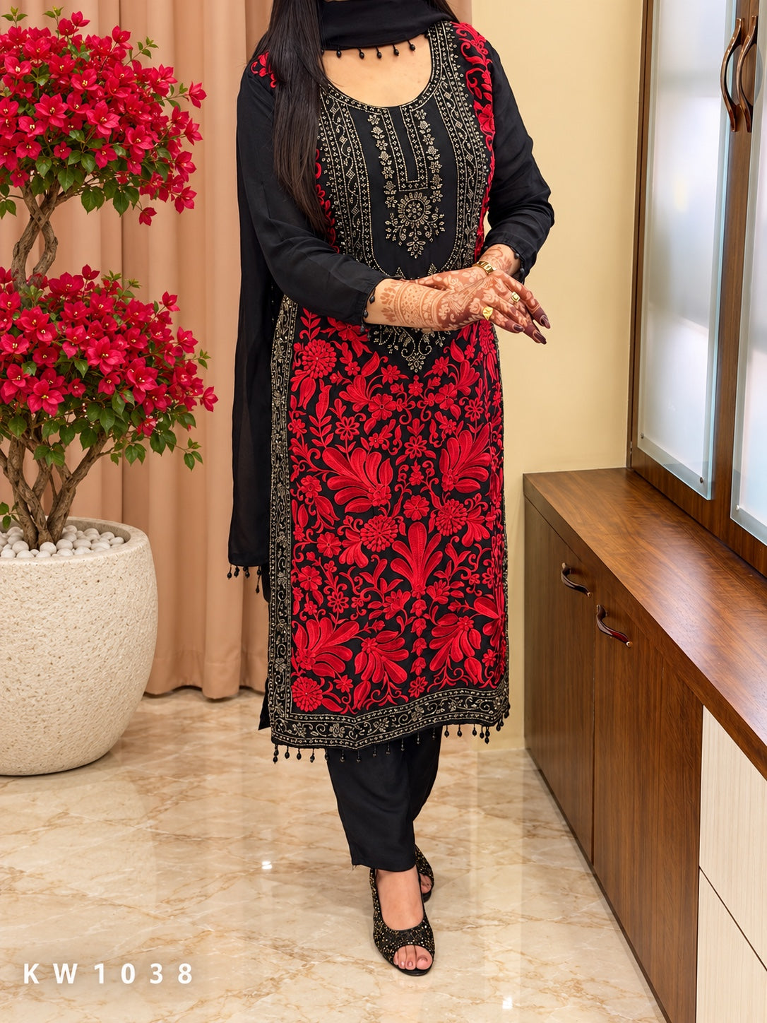 KW1038 black and red Pure Organza kurti set second full view