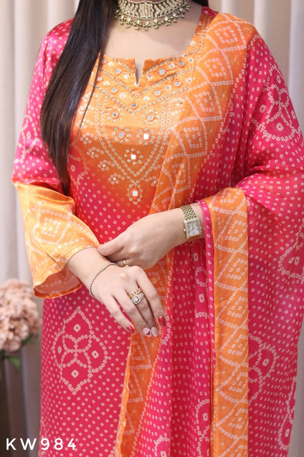 KW984 orange Gajji silk Bandhani kurti embroidery detail