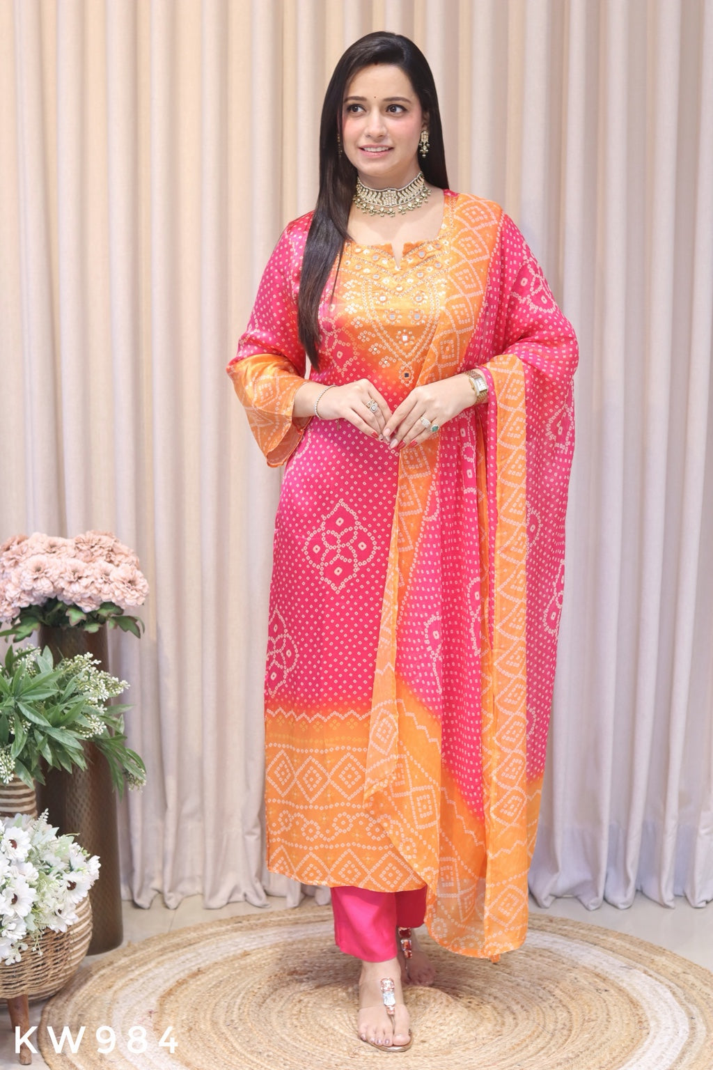 KW984 orange Gajji silk Bandhani kurti pant dupatta front view