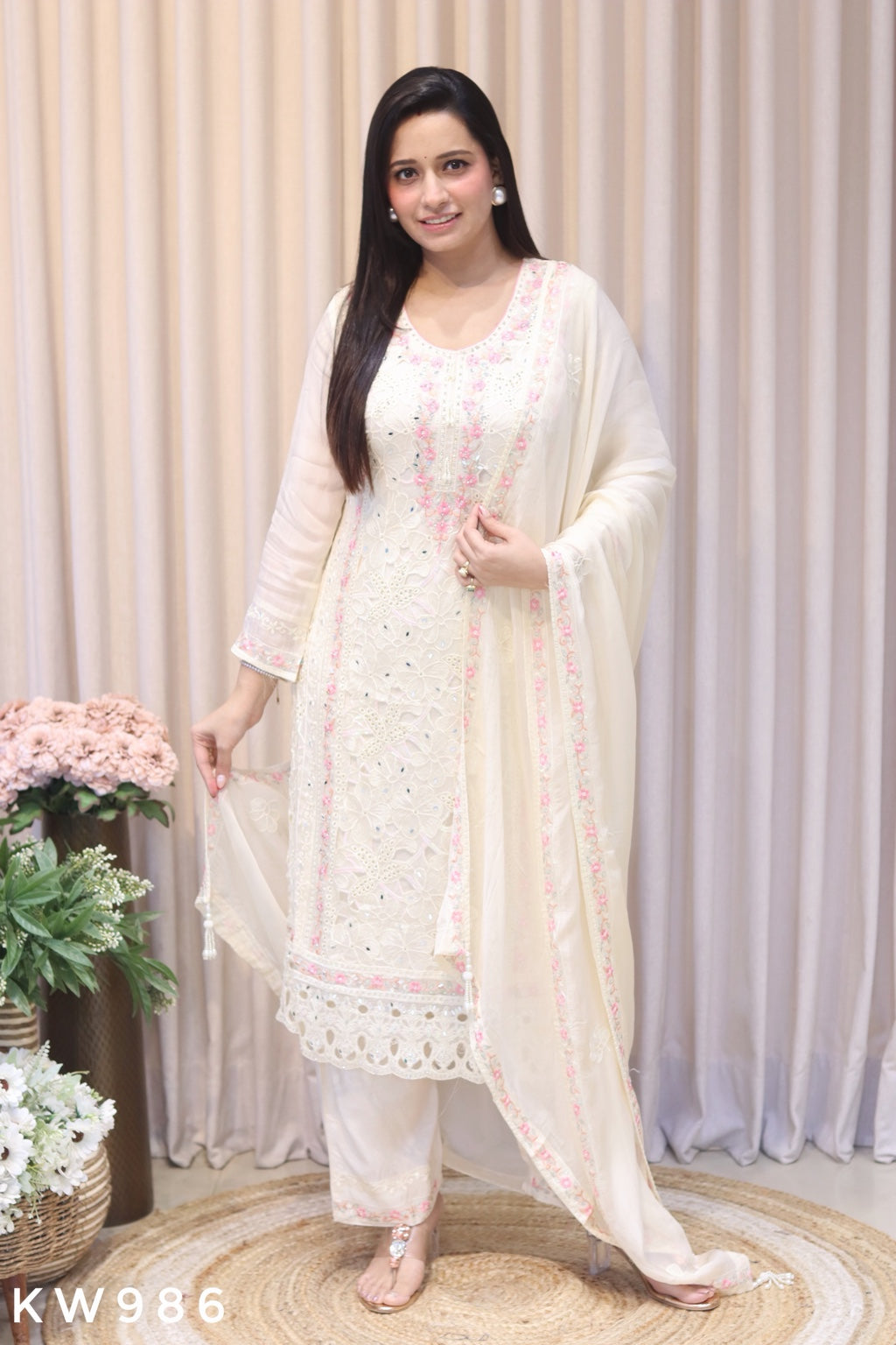 KW986 ivory viscose organza cutwork kurti pant dupatta front view