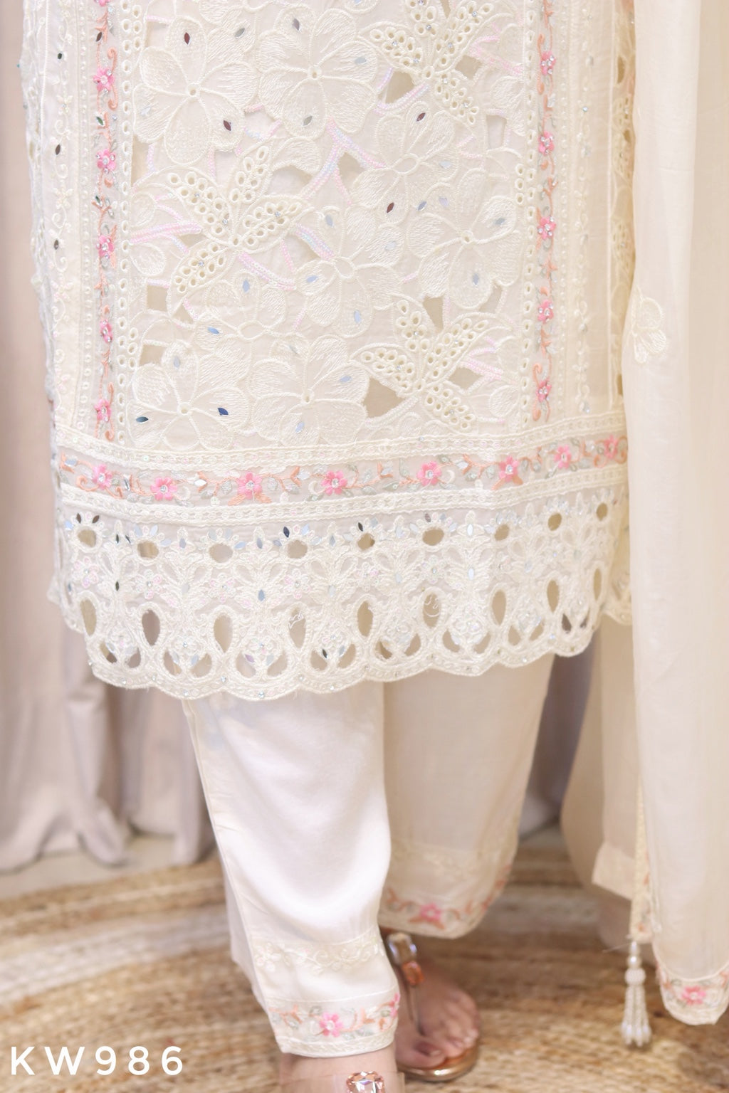 KW986 ivory viscose organza cutwork hem and pant detail