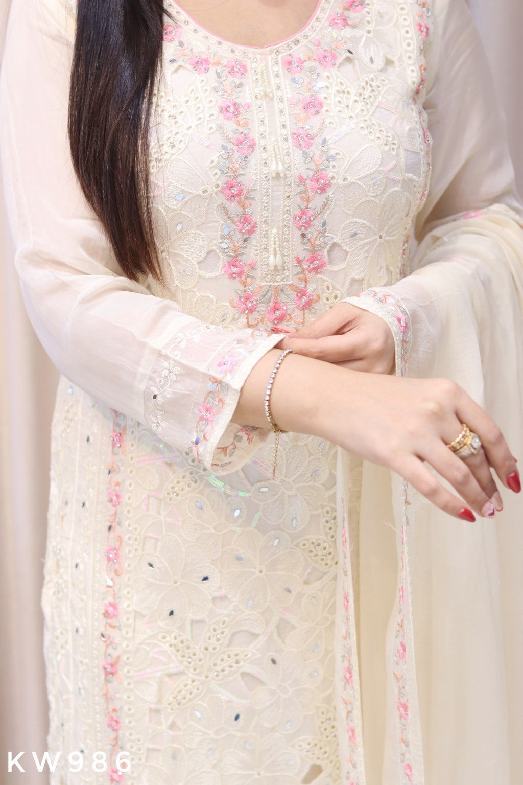 KW986 ivory viscose organza hand cutwork and floral embroidery detail